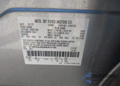 2022 Ford Edge Sel из США, поврежденный, VIN 2FMPK4J92NBA31166